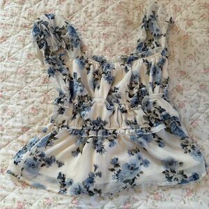 miami Blue and White Floral Ruffle Peplum Top